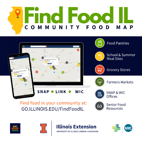 screenshot of the Find Food IL Community Food Map website for SNAP LINK WIC Find Food in your community at go.illinois.edu/findfoodil with images of a tablet and a smart phone