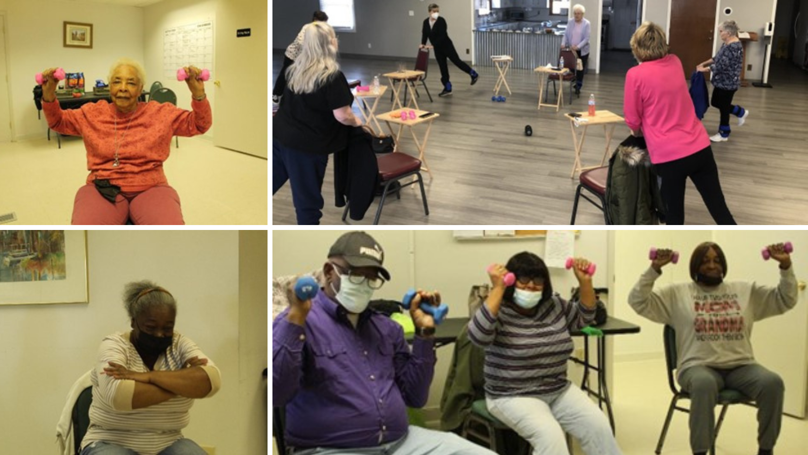 Collage of 4 images of older adults exercising in a community center class.