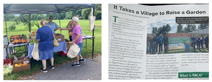 2 images: first image Molly at the community garden with produce and participants; second image: newspaper article titled "It Takes a Villlage to Raise a Garden"