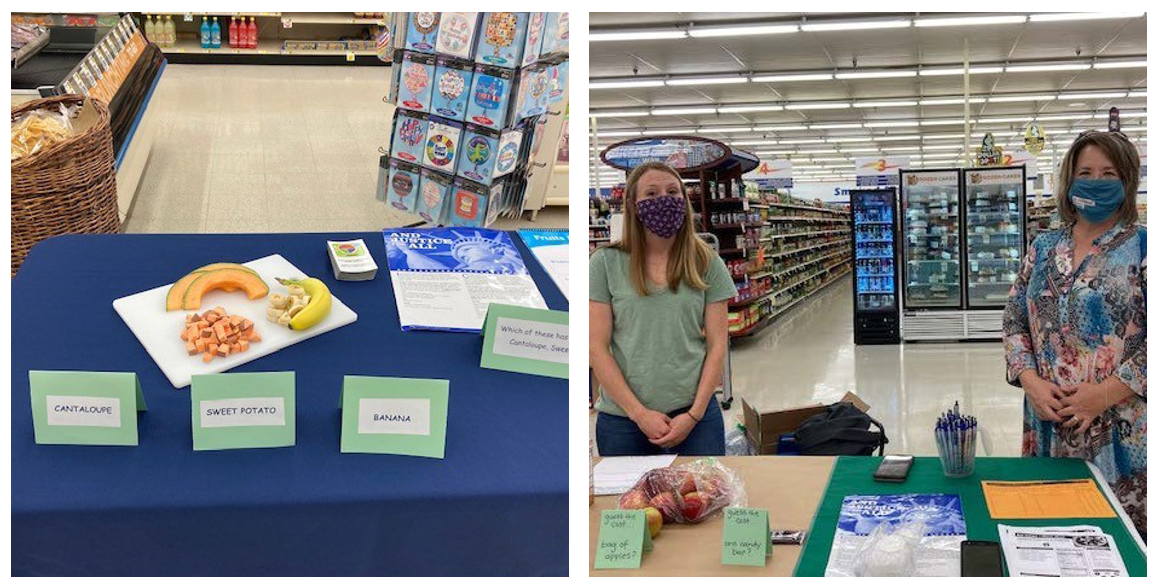 2 images: first image This or That Food Demo with cantaloupe and bananas on a plate; 2nd image: 2 extension educators give a food demo in a grocery store