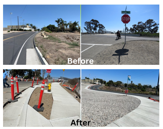 Before and After photos of a road that was installed with sidewalks and other safety features