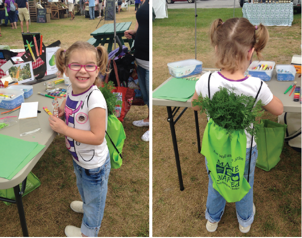 Child at the farmers market with a Maine SNAP-Ed backpack full of vegetables.