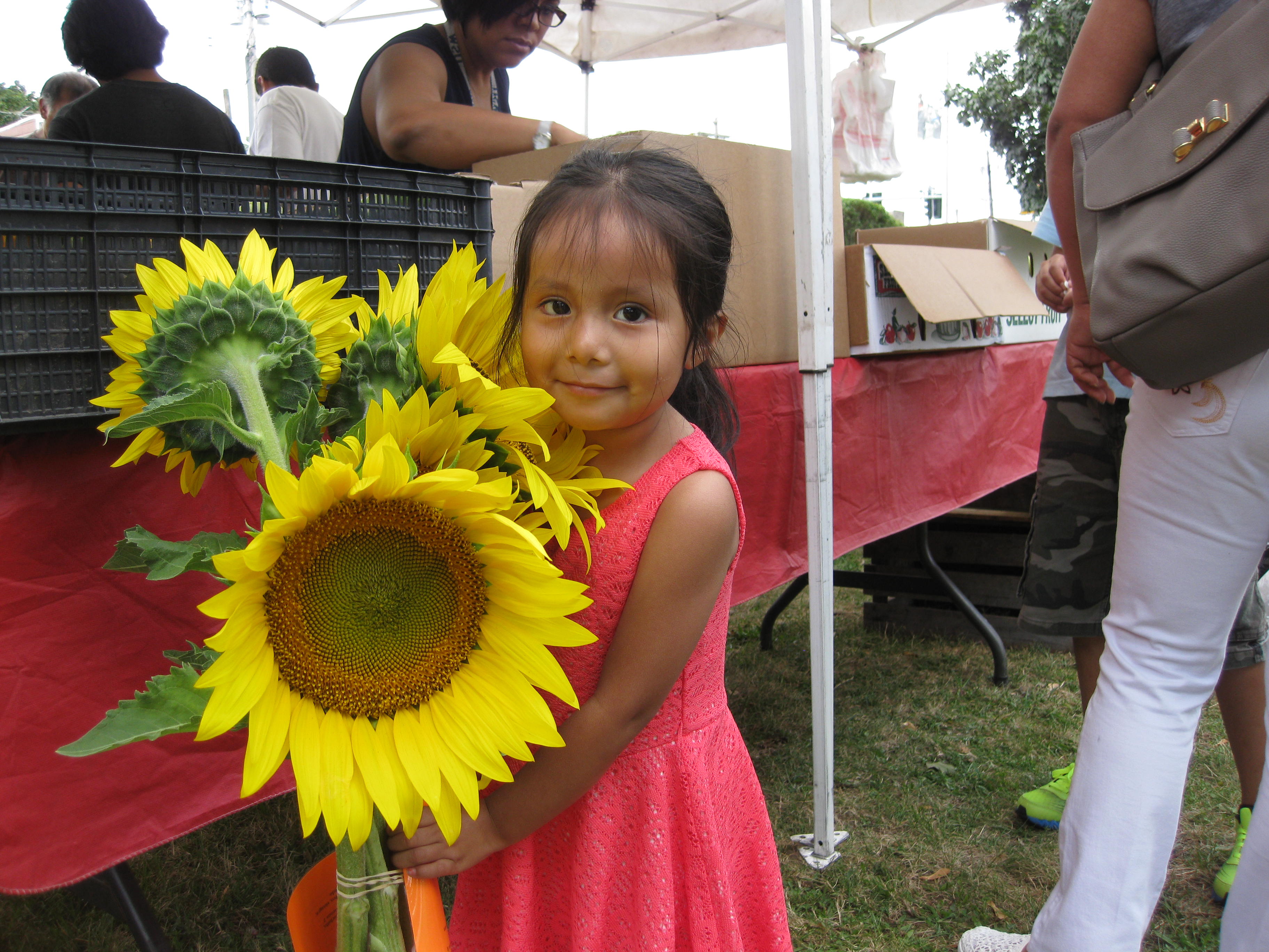 girl holding sunflowers at a market