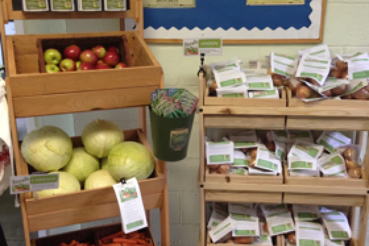 fruits and vegetables on a stand
