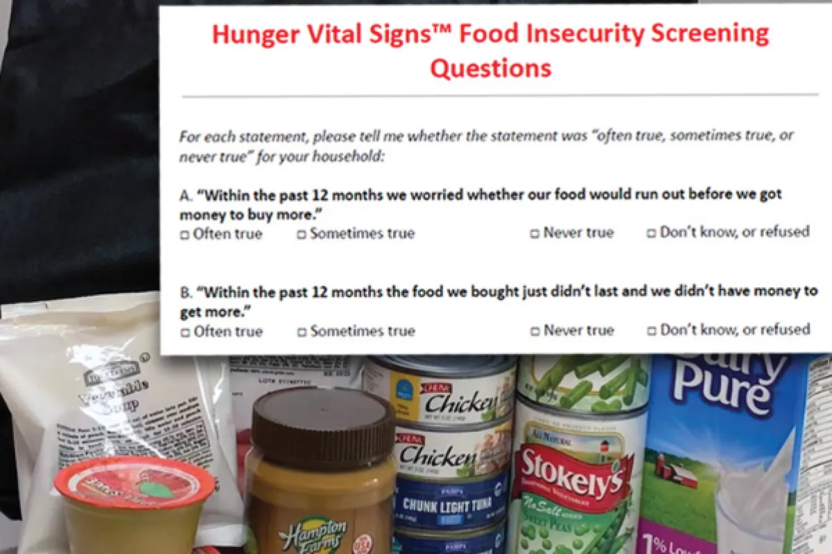 Hunger vital signs tm food insecurity screening questions example with a background of shelf stable food products