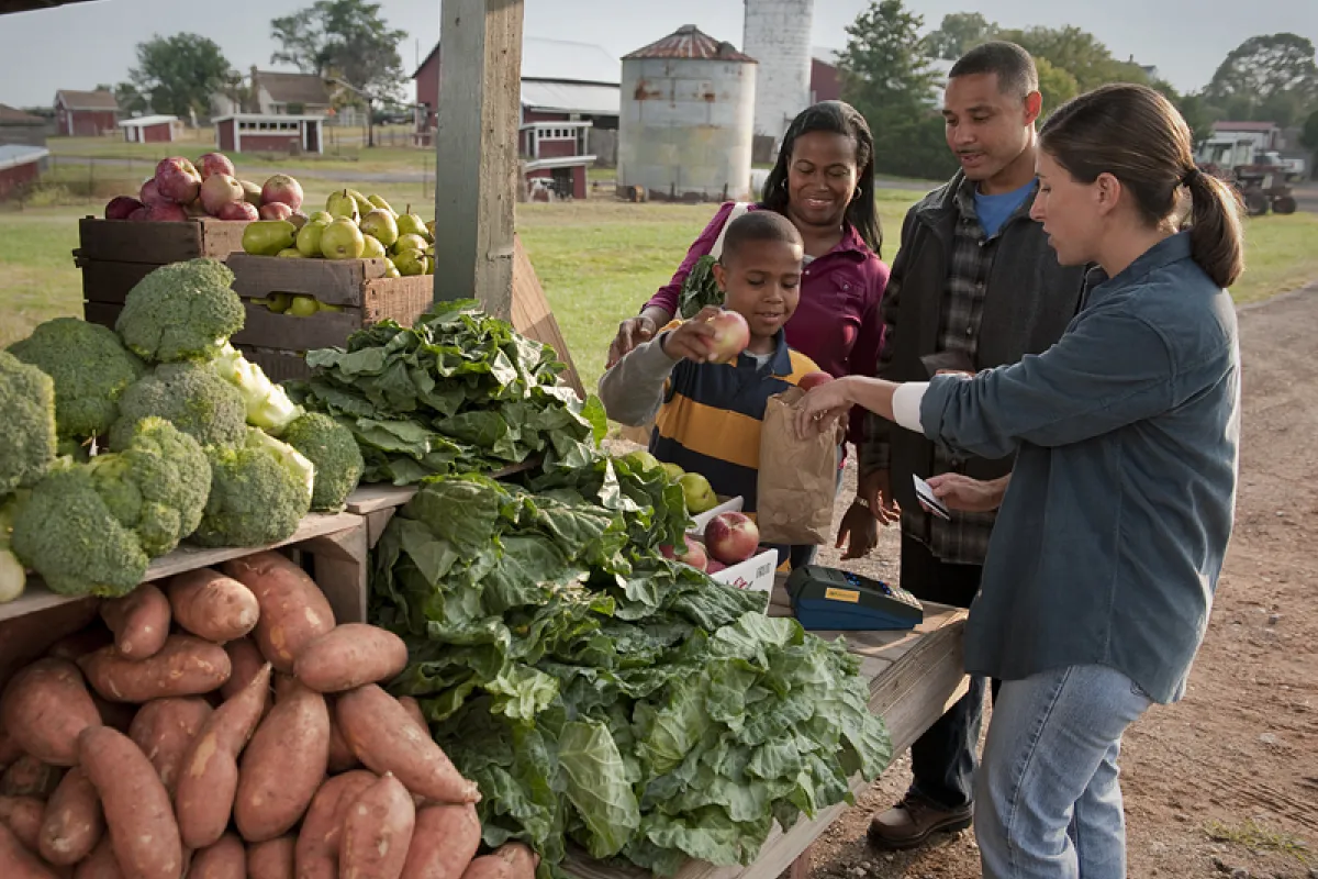 a family shops at a farmers market