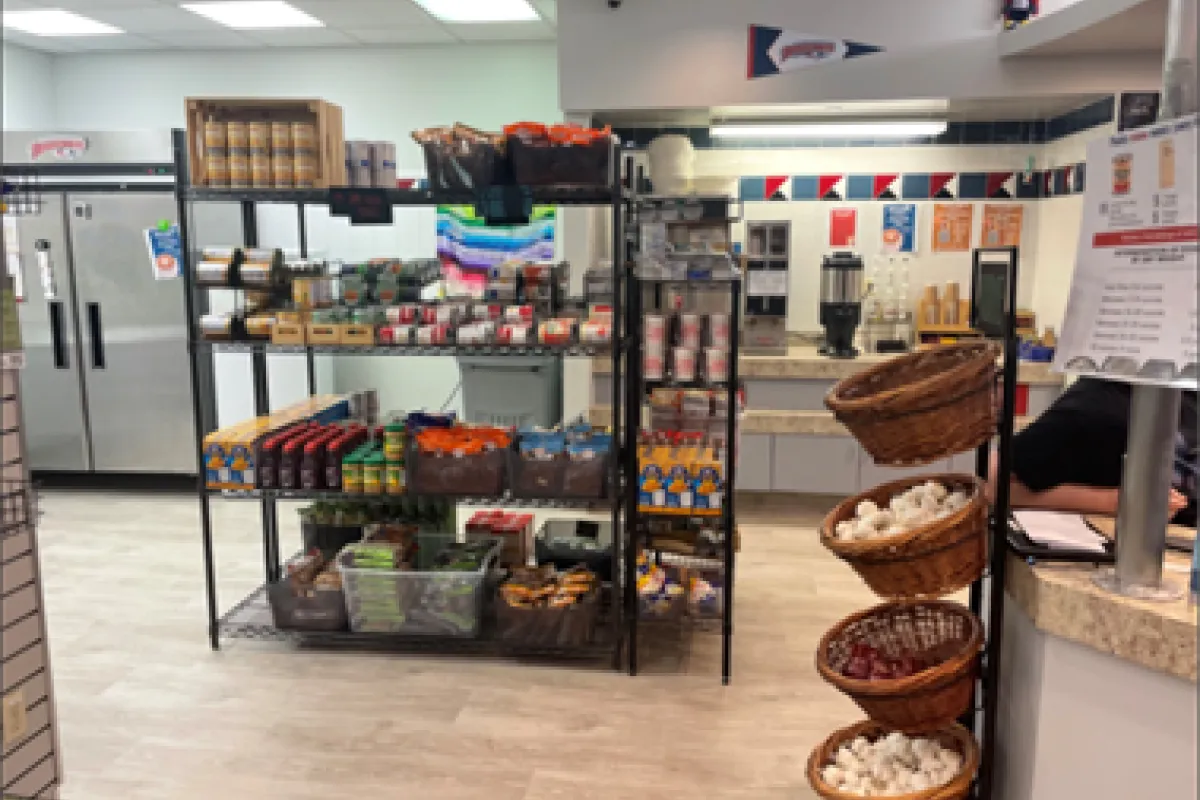 Shelf of dry goods at a food pantry