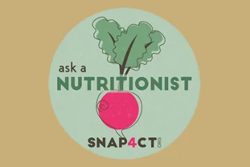 SNAP4CT logo, radish image with "Ask a Nutritionist" text