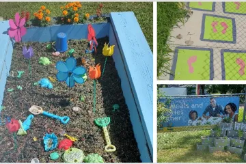 accessible garden: first image is a garden tool practice station, second image is a game station with non-verbal hopscotch, third image is a sensory garden including fragrant herbs