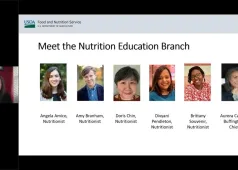 USDA: Meet the Nutrition Education Branch with images of the team members: Angela Amico, Nutritionist; Amy Branham, Nutritionist; Doris Chin, Nutritionist; Divyani Pendleton, Nutritionist; Brittany Souvenir, Nutritionist; Aurora Calvillo Buffington, Chief