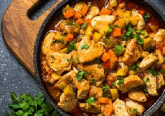 Skillet of chicken and vegetable stew